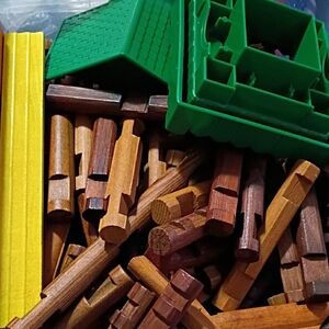 Wooden Building Set with Brown, Green and Yellow Pieces